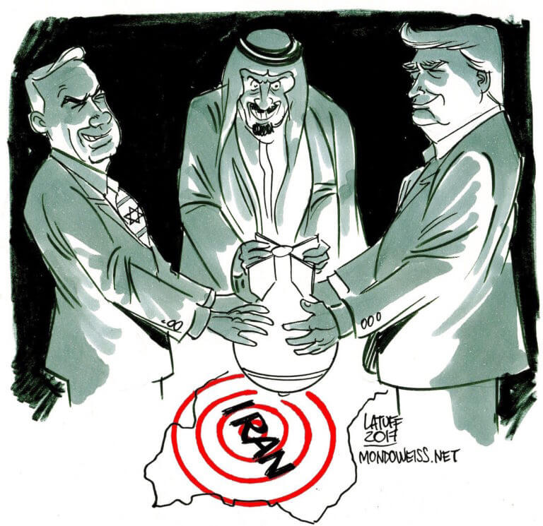 Israël, VS en Saoedi-Arabië bereiden oorlog voor tegen Iran…….. Een cartoon van Carlos Latuff