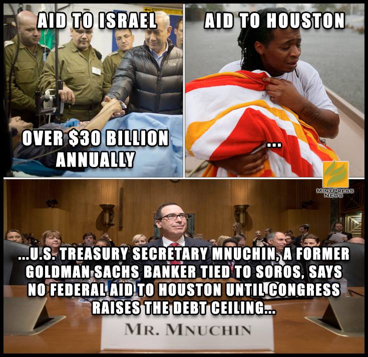 VS hulp aan orkaanslachtoffers Houston en het verschil met hulp aan Israël………