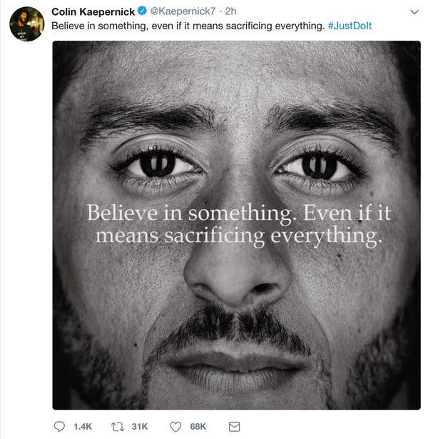 Nike begint reclame campagne met Colin Kaepernick, de ‘American’ football speler die knielde tijdens het volkslied